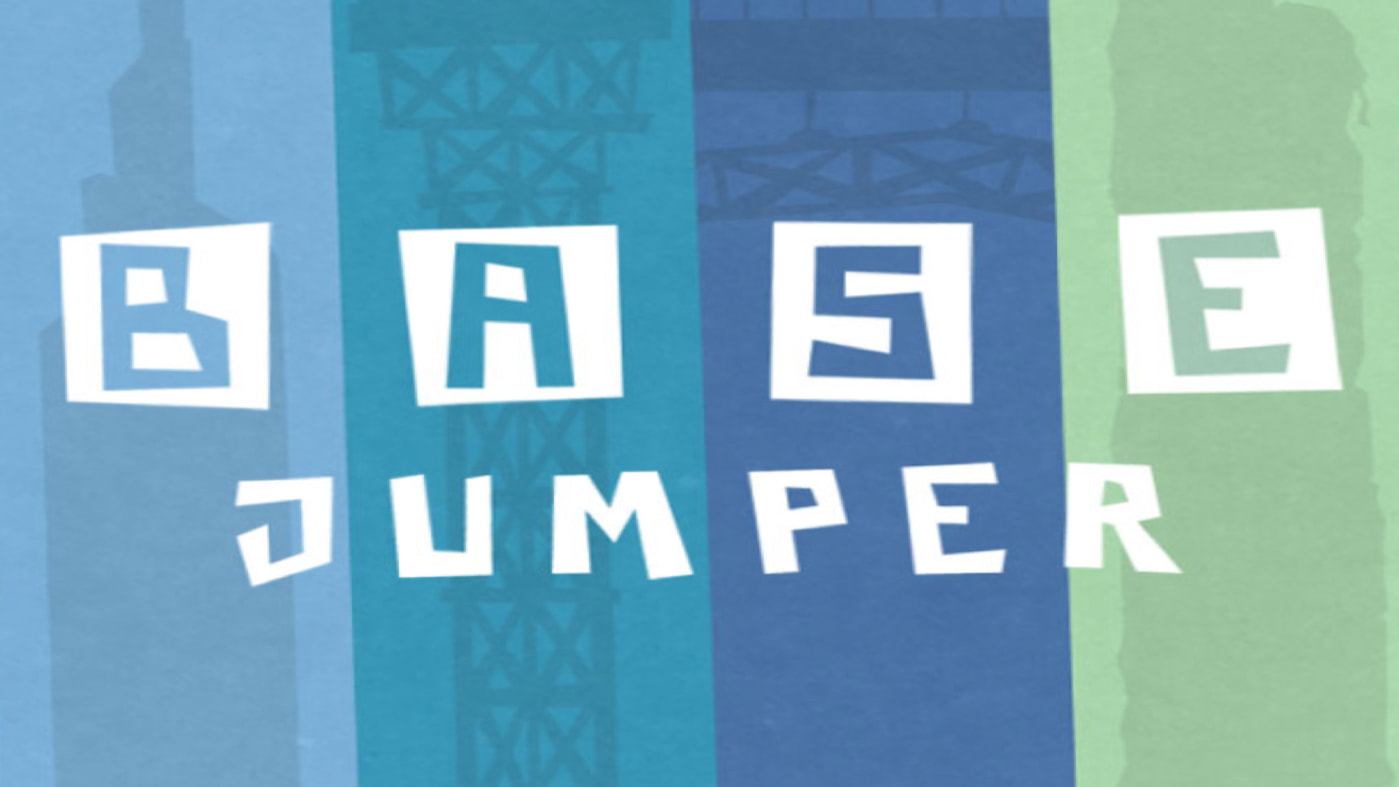 B.A.S.E. Jumper - 2D BASE jumping game by YoYo Games Ltd. Made with GameMaker Studio. Music by Alastair Collins. Sound by Alastair Collins. Sky, aqua and denim blue and viridian green vertical stripe background for each letter of BASE left to right. Jumper text is below and is horizontally across the vertical stripes of blue and green. 
