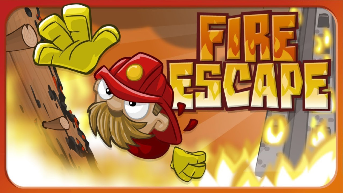 Fire Escape - 2D runner game by YoYo Games Ltd. Made with GameMaker Studio. Music by Alastair Collins. Sound by Alastair Collins. Moustached hero in fireman's hat and yellow gloves reaches up towards camera outrunning the flames with Fire Escape title stacked to his right. 