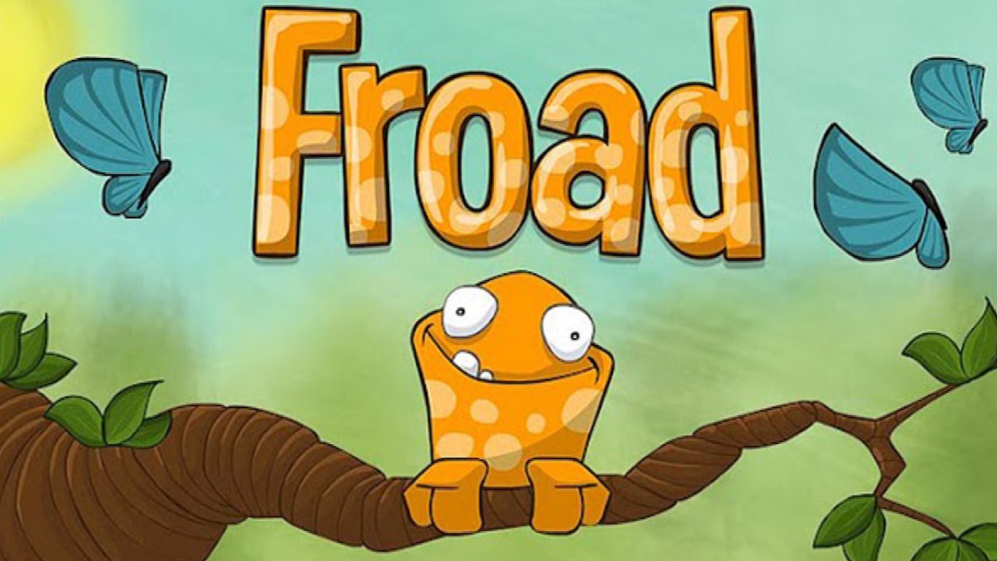 Froad - 2D cheerful survival game by YoYo Games Ltd. Bright, colourful visuals. Made with GameMaker Studio. Music by Alastair Collins. Sound by Alastair Collins. Tap screen to catch bugs with your tongue. Eat bugs he's hungry for as shown in his thought bubble. Froad frog character on a log with yellow title Froad above his head and butterflies decorating the left and right. Description: 