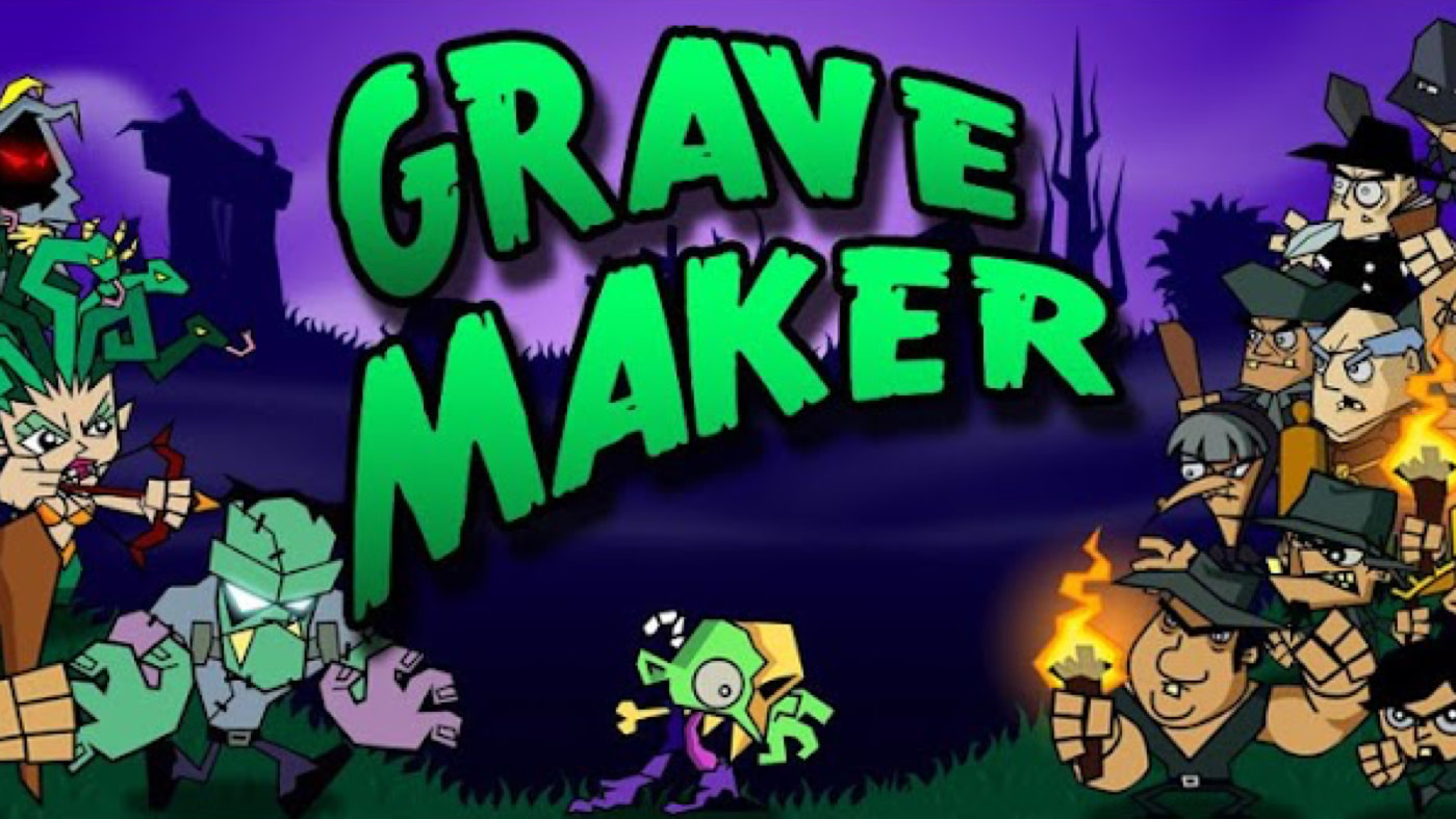 GraveMaker - 2D farming game by YoYo Games Ltd. Made with GameMaker Studio. Music by Alastair Collins. Sound by Alastair Collins. Purple sky backdrop, distant building silhouettes, Malachite green, diagonal Grave Maker lettering, ghouls on the left, villagers with torches on the right. 