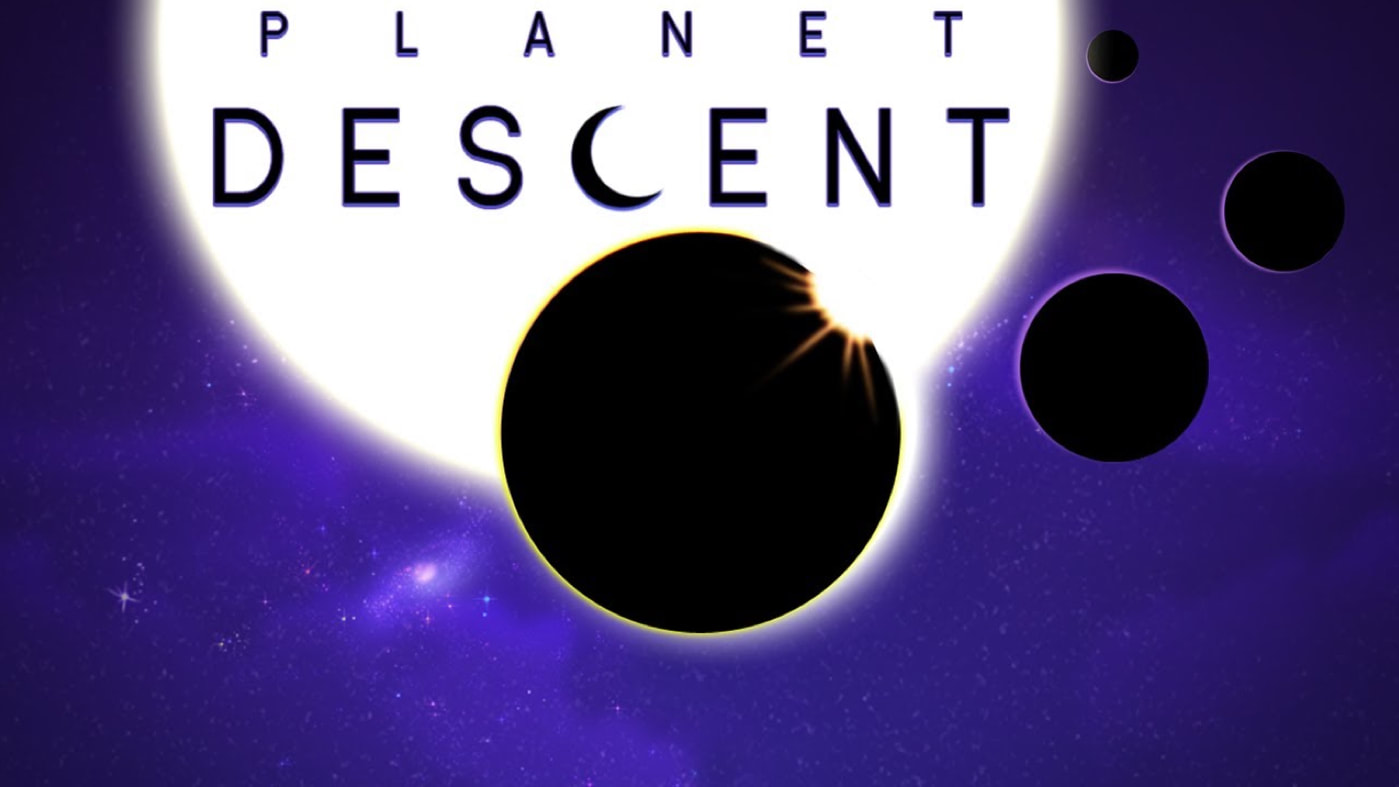 Planet Descent - 2D atmospheric gravity game by YoYo Games Ltd. Made with GameMaker Studio. Music by Alastair Collins. Sound by Alastair Collins. Title shows purple background, black text on a white sun. The 'C' in Planet Descent is a crescent. Black planet silhouette in foreground and others more distant sit in the near distance in an orbit for the game's level select UI. On desktop browser audio preview is on left and down a bit. On iOS/Android audio preview is below.