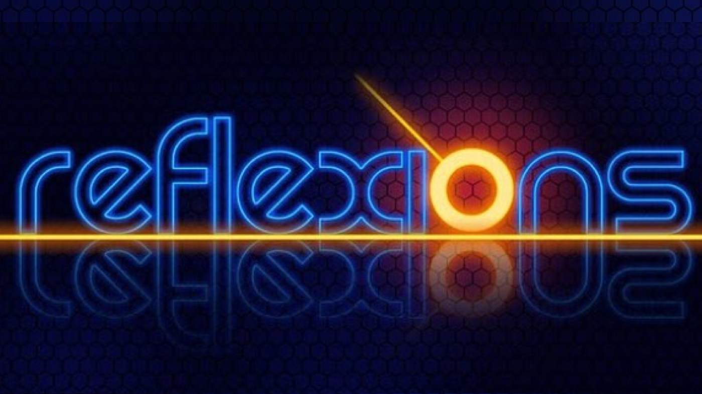 Reflexions - 2D atmospheric puzzle game by YoYo Games Ltd. Made with GameMaker Studio. Music by Alastair Collins. Sound by Alastair Collins. Electric neon blue text with orange neon orb 