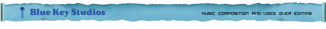 Blue Key Studios - Text, a blue key vertical on left and horizontal on the right of a sky blue parchament banner